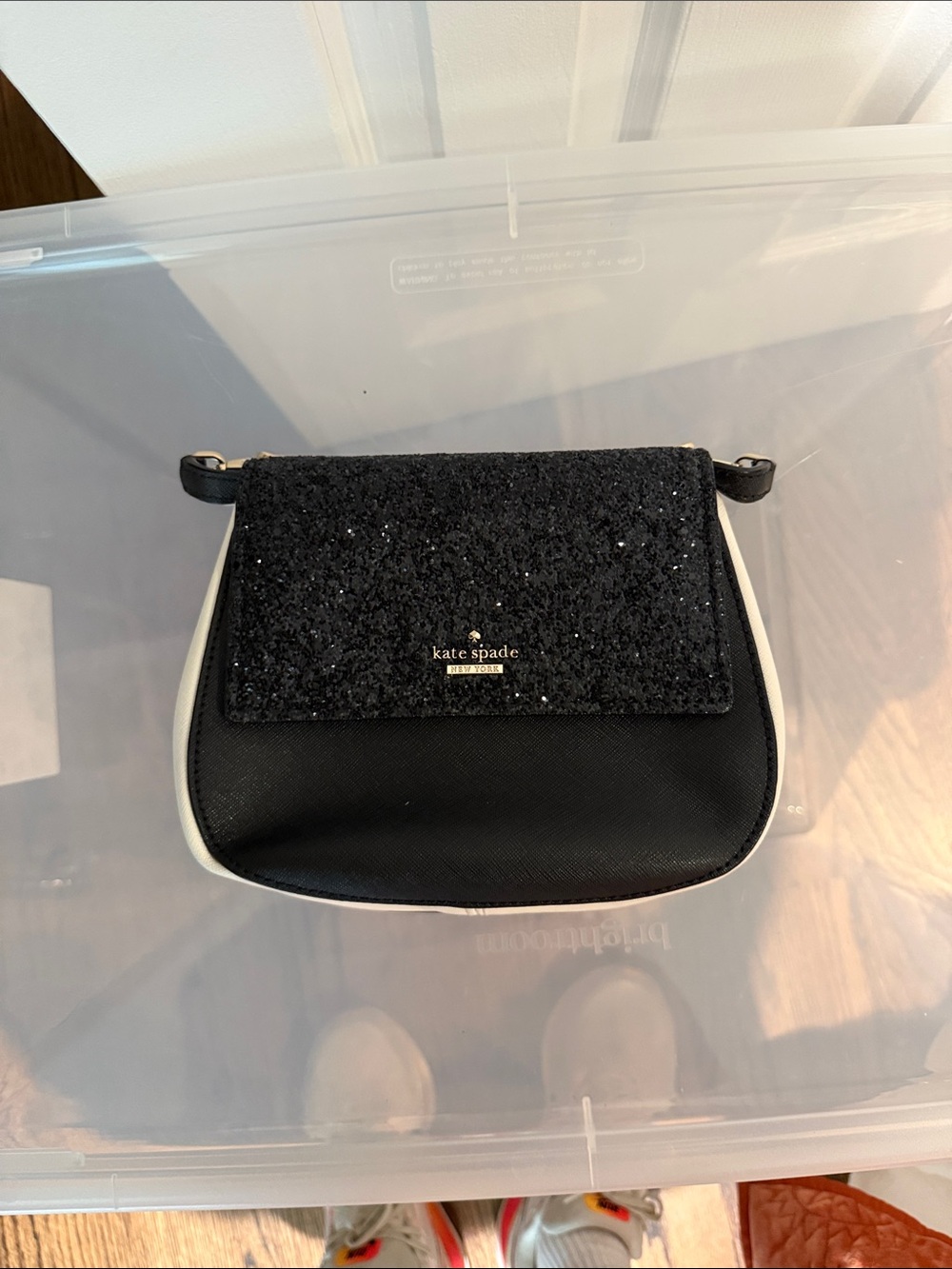 kate spade Black and Cream Glitter Flap Crossbody Bag